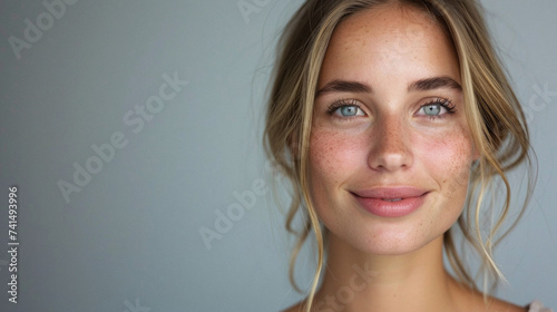Happy pretty young european woman beauty of fashion model on background. Smiling girl with healthy pure skin and beautiful hair advertising skincare haircare or cosmetic product. Closeup face portrait