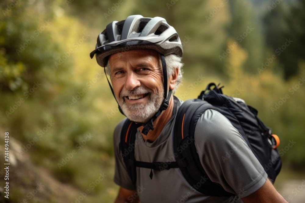 Portrait of a senior man with a gray beard wearing a helmet and walking along a mountain trail. Portrait of a senior man with a gray beard wearing a helmet and walking along a mountain trail.