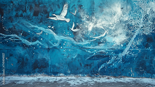 A mural on a cool ice blue wall, depicting a serene, abstract winter ice scene, with ice crystals and frost patterns forming shapes of arctic animals