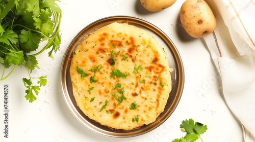 Aaloo ke Paranthe - Succulent aaloo (potato) stuffed paranthas in steel plate showcased on a clean white background photo