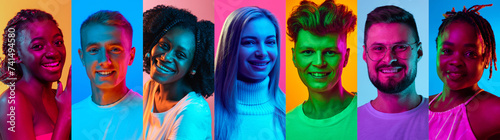 Banner. Collage made of portraits of people different ages and nationalities smiling in neon light against colorful gradient background. Concept of human emotions, self-expression, facial expression. photo