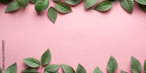 Pink frame banner with pink flowers and green leaves. Spring elements with copyright space