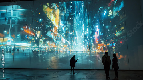 A mural on a platinum silver wall, showcasing a futuristic, abstract urban landscape, with buildings and lights forming shapes of urban wildlife