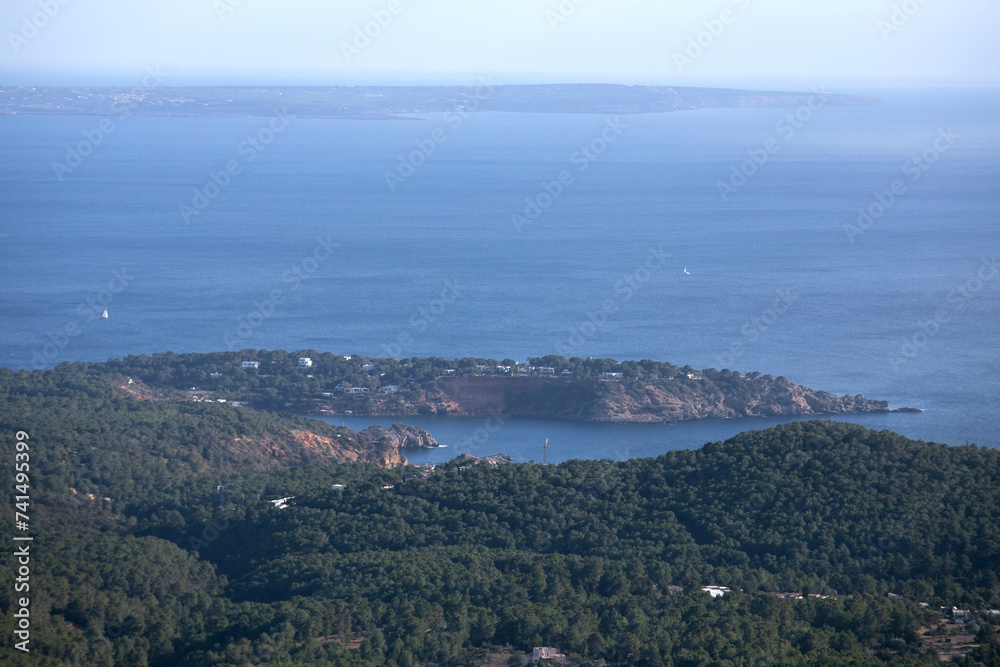 Views of the south west coast of Ibiza and Formentera island from the Sa Talaya mountain in Sant Jose.