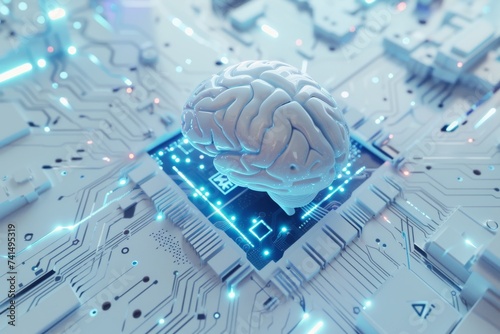 AI Brain Chip semiconductor testing. Artificial Intelligence sram human algorithm mind circuit board. Neuronal network ion channels smart computer processor balance problems photo