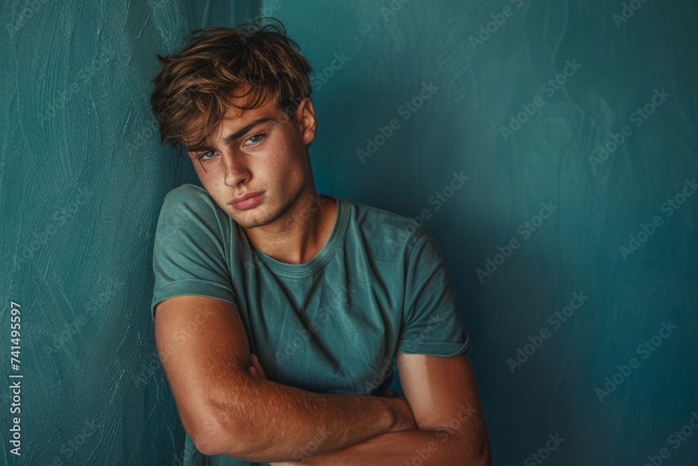 young man in casual clothes leaning against a textured blue wall, capturing the essence of youth and thoughtfulness