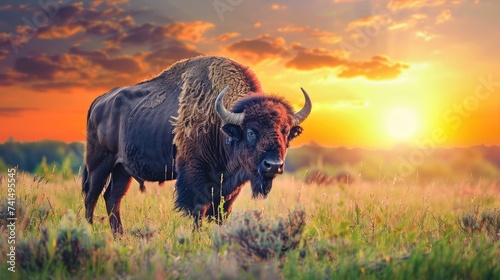 High-dynamic-range imaging,Buffalo on the grass sunset background photo