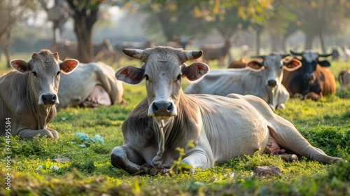 Indian cows and bulls are resting on the grass photo