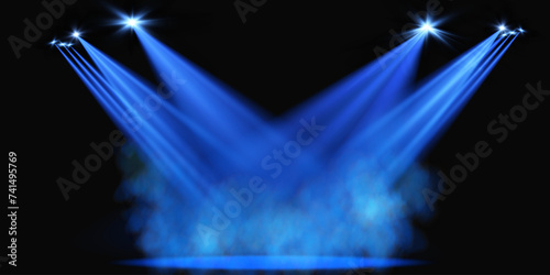 Dark stage on transparent background, neon light from spotlight, empty dark stage and studio room with soaring smoke. For product demonstrations.	
