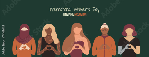 Inspire Inclusion 2024 Dark banner. International Women's Day InspireInclusion slogan. Various religions colors body ages Feminine. Diverse abilities and ethnicities girls with Heart-shaped hands