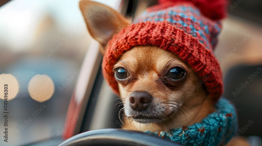 Chihuahua Wearing Knitted Hat and Scarf in a Car