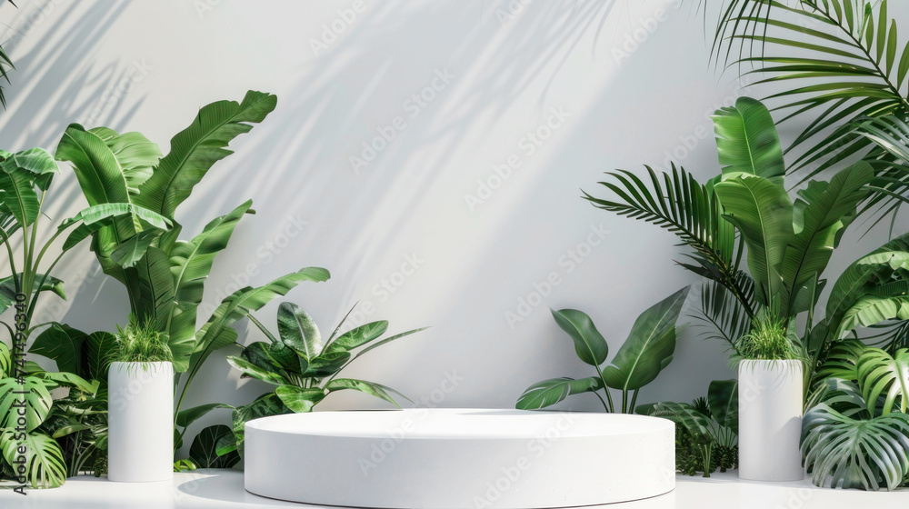 Empty round white podium or platform for product display on white wall background surrounded by green plants Empty round white podium or platform for product display on white wall background surrounded by green plants