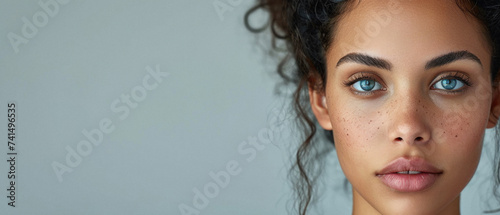 Young adult African American woman posing for beauty portrait. Pretty smiling happy Black girl fashion model smiling on background, attractive ethnic girl looking at camera. Close up face .