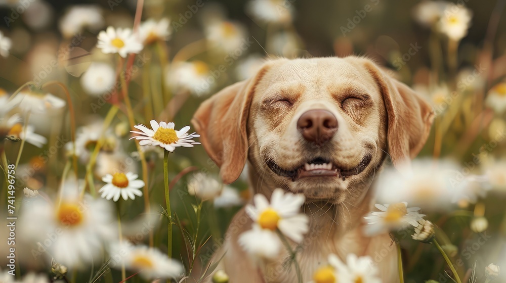 A happy dog in flowers. The pet is smiling. Field Camomiles