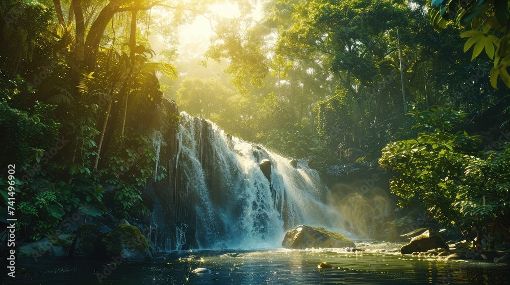Beautiful waterfall in tropical forest - beautiful natural landscape in the forest Beautiful waterfall in tropical forest - beautiful natural landscape in the forest