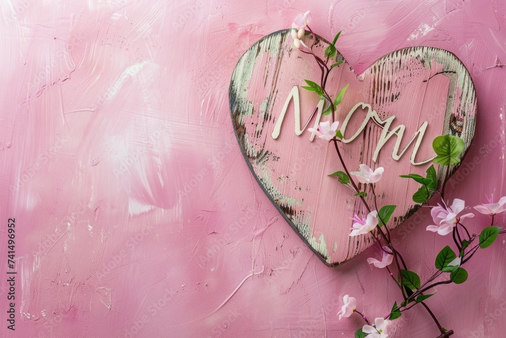 Pink background with a heart-shaped sign with the word mother, mother's day concept.