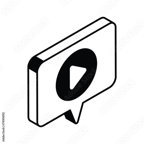Video play button with chat bubble showing concept isometric icon of video marketing