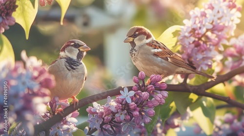 Birds sparrows sitting on a tree branch near lilac with pink flowers in the spring garden, panoramic view