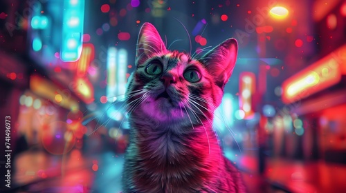 Neon Glowing Kitty in a City Night © vanilnilnilla
