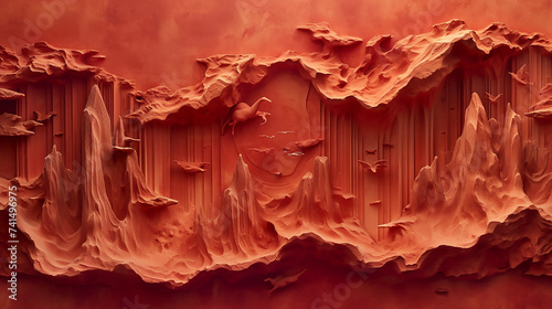 A terracotta red wall featuring an abstract, stylized depiction of a canyon, with rock formations forming shapes of desert animals photo