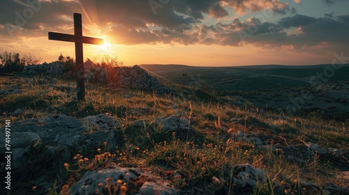 Christian cross on hill outdoors at sunset. Crucifixion Of Jes photo