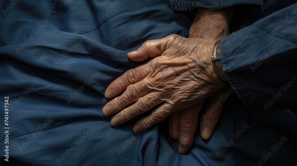 Fototapeta premium Disability awareness day, aging society concept with Parkinson disease, Alzheimer patient, elderly senior citizen person's hand with Arthritis pain