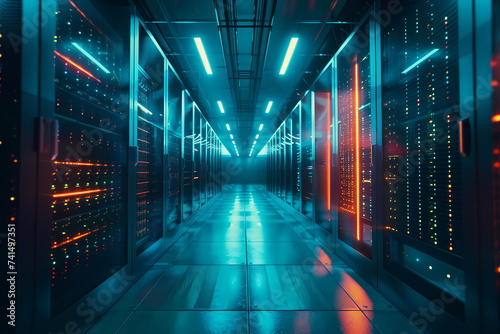 Futuristic data center server room with vibrant lighting