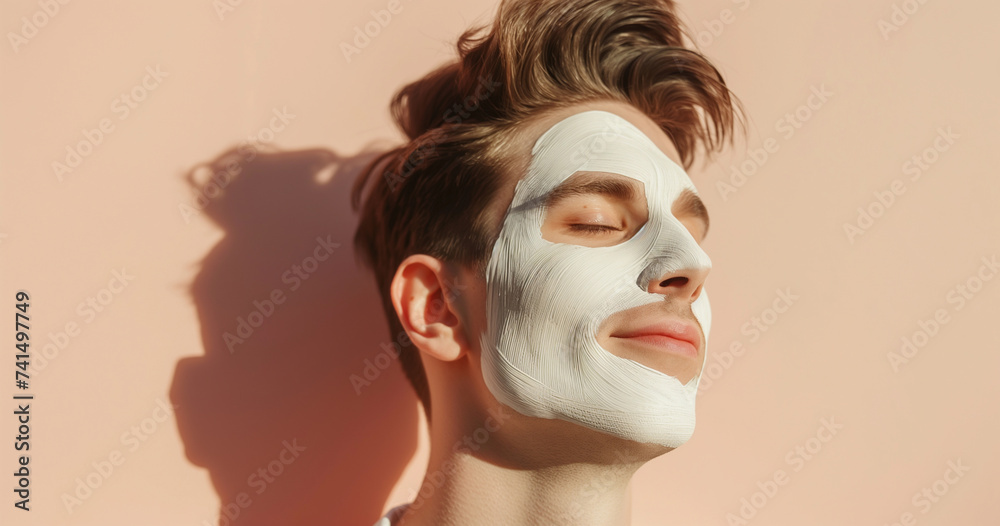 Studio portrait of handsome caucasian man with clay facial skincare mask, eyes closed enjoying sunlight Studio portrait of handsome caucasian man with clay facial skincare mask, eyes closed enjoying sunlight