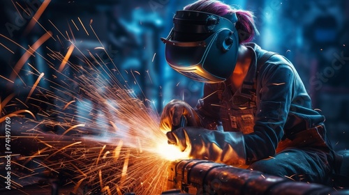 Woman working with electric welding wearing protective mask and gloves