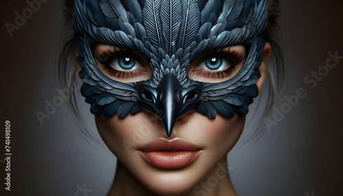 a hyper-maximalist closeup portrait of a woman’s face looking straight ahead, wearing a tight-fitting, highly detailed bird mask made of bluegrey colored feathers photo