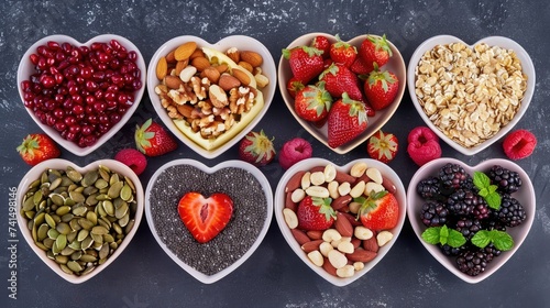 Selection of healthy food for heart, life concept