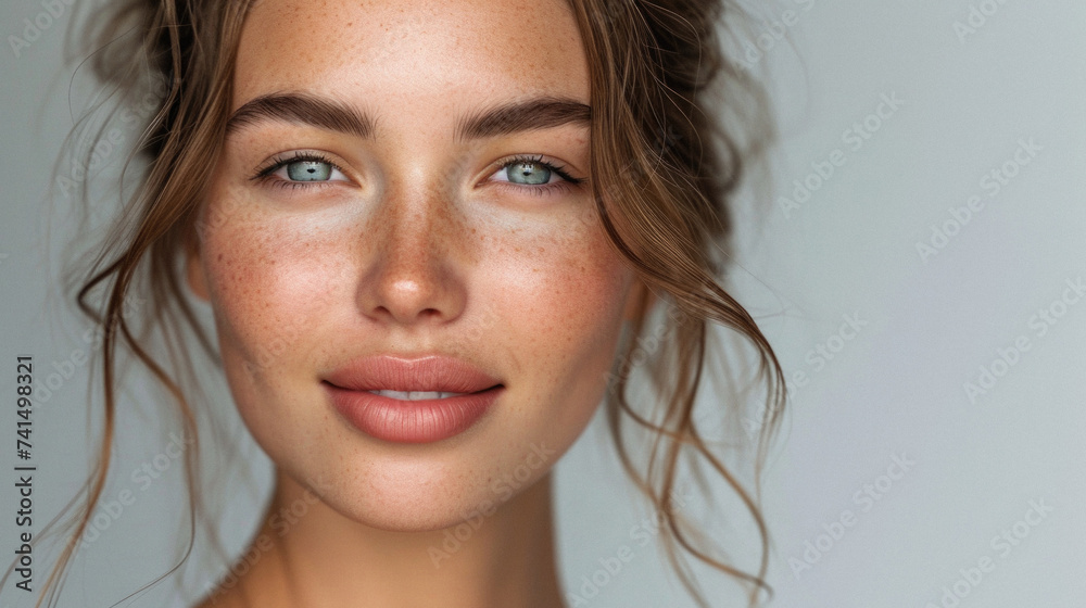 Happy attractive confident young adult or mid aged European woman posing for beauty aesthetic portrait. Beautiful lady smiling on background, attractive female model looking at camera. Close up face . - obrazy, fototapety, plakaty 