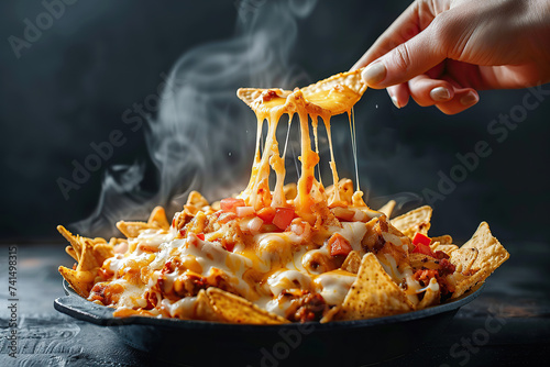 close up horizontal image of a hot plate of nachos chips with melted cheese and bacon, hand taking a portion to taste Generative AI