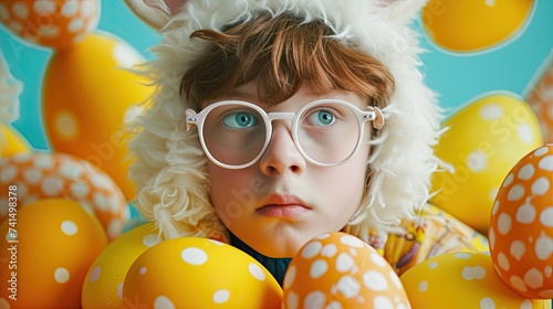 Playful childhood: boy in spectacles and hat wears bunny ears. Generated by AI