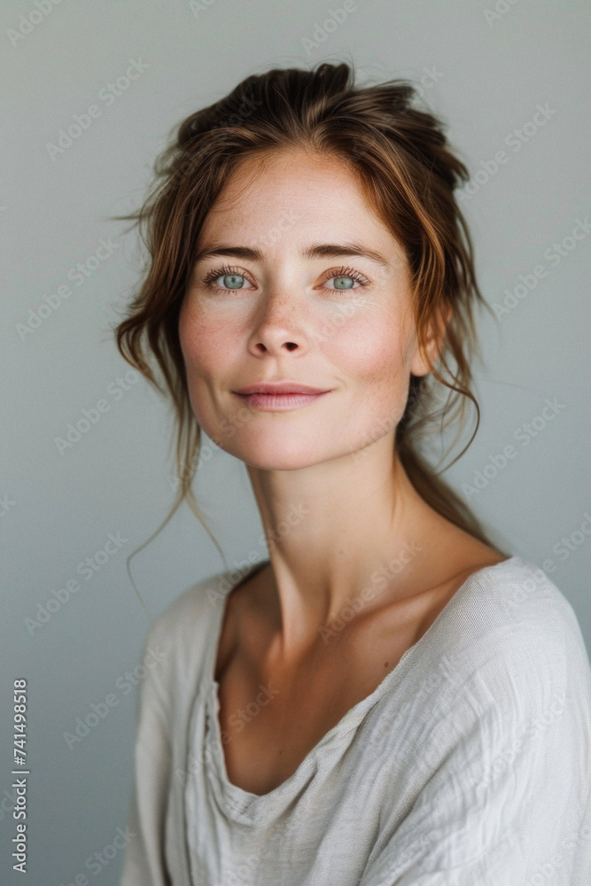 Happy attractive confident European woman of middle age posing for beauty portrait. Beautiful mid aged mature lady smiling on background, attractive female model looking at camera. Close up face . Happy attractive confident European woman of middle age posing for beauty portrait. Beautiful mid aged mature lady smiling on background, attractive female model looking at camera. Close up face .