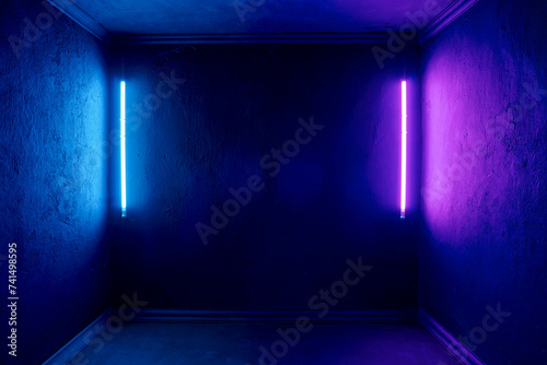 Old, dark, empty, black room with colorful lights and copy space
