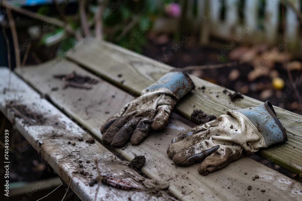 Obraz premium dirtcaked gloves on a wooden bench