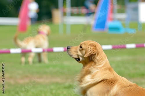 golden retriever watching a dog competition show, tail wagging excitedly
