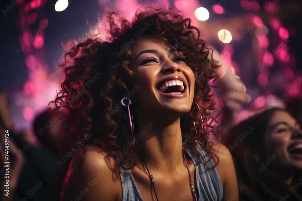 A young African American woman radiates joy as she smiles and dances with abandon at a vibrant disco party, embodying the spirit of fun and celebration
