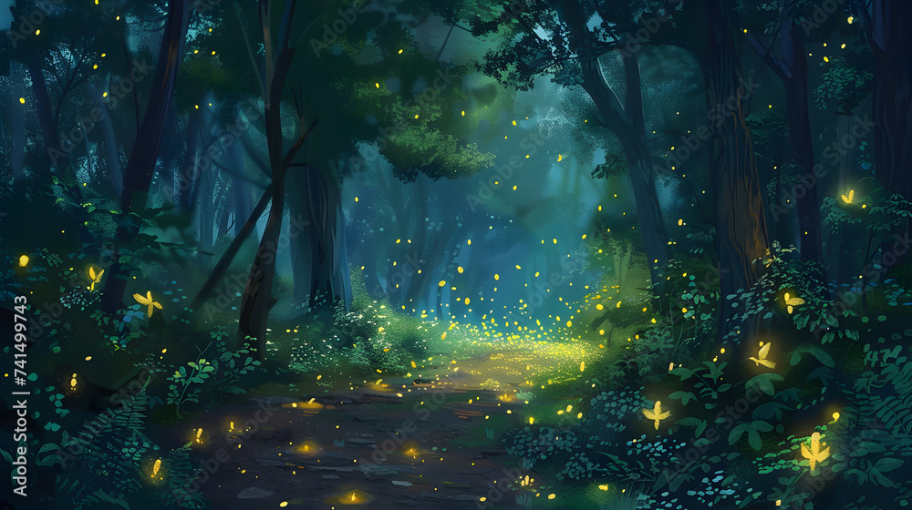 A forest with a path full of fireflies and a forest floor,
A magical forest glade with glowing fireflies