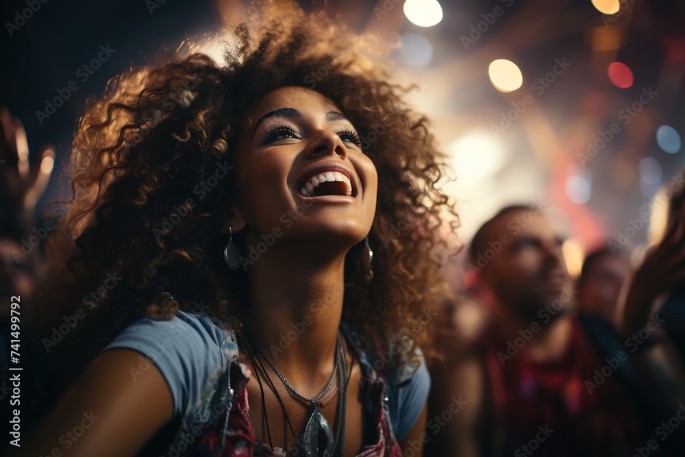 In the midst of the disco party's vibrant ambiance, a young African American woman moves gracefully to the music, her infectious smile lighting up the dance floor with joy