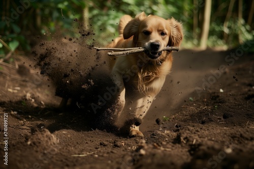 dog with stick in mouth, dirt flying as it skids to a halt photo