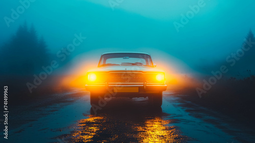free space for title and Shot of car with bright headlights piercing through thick morning fog