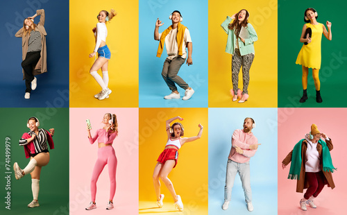 Creative collage made of full-length portraits of people listening music in headphones and dancing against multicolored studio background. Concept of hobby and relax, positive emotions, lifestyle. Ad