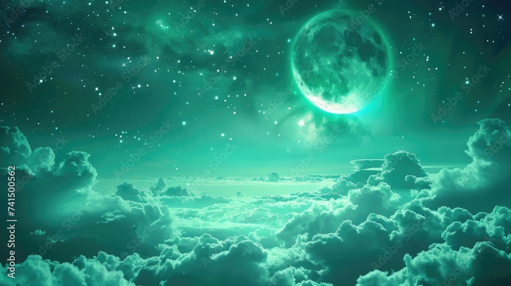 Fototapeta premium Green sky with clouds and moon, sweet dreams background