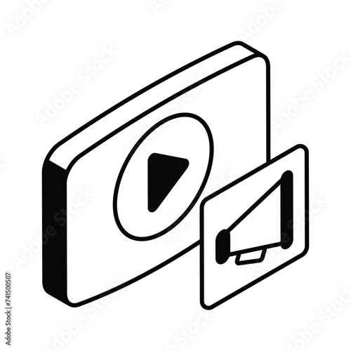 Video player with megaphone showing concept isometric icon of video marketing