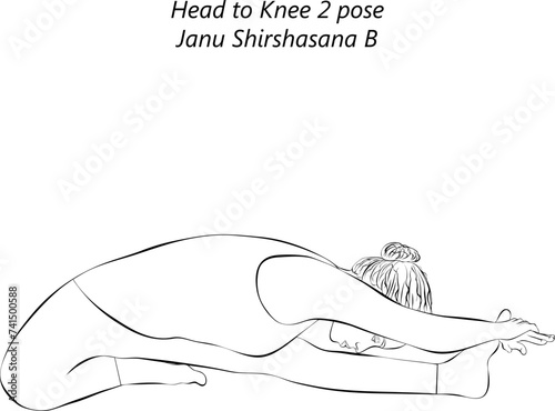 Sketch of woman doing yoga Janu Shirshasana B. Head to Knee 2 pose. Intermediate Difficulty. Isolated vector illustration.