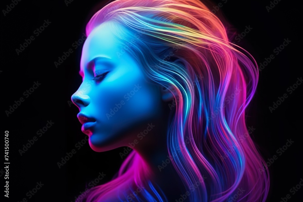 Portrait of a young girl under UV lights  Woman with colored hair, neon makeup neon hairs on black background  

 