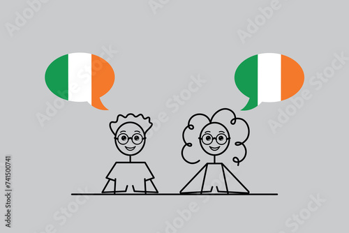irish speakers, cartoon boy and girl with speech bubbles in Ireland flag colors, learning irish language vector illustration