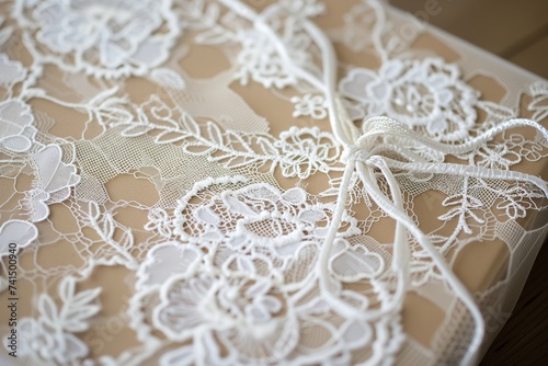 close view of intricate lace on a bridal shower gift box
